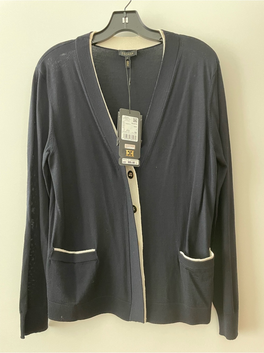Escada Navy V-Neck Cardigan with Cream Trim. Size L. NWT!